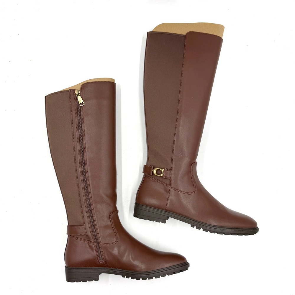 Coach Faith Riding Boots Walnut Brown Leather Lug Knee High Sole Sz 9 - Picture 1 of 11